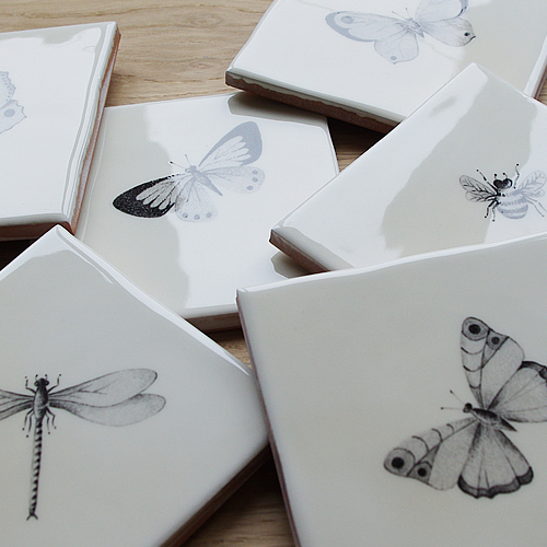Hand Painted Tiles - Monochrome Bugs and Insects