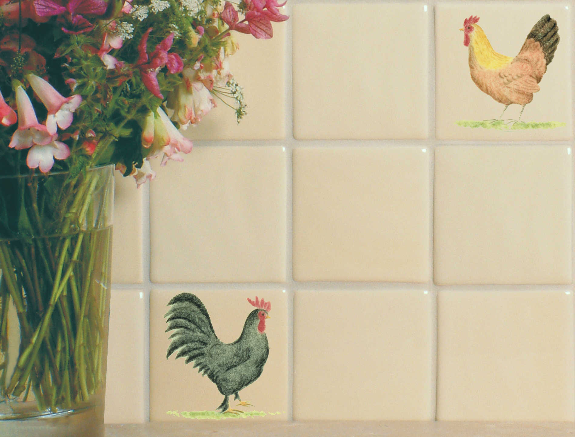 This collection of Farmyard Fowl kitchen wall tiles is beautifully hand painted - each tile individually hand painted. This is a great way to augment your plain tiles - whatever type they are.