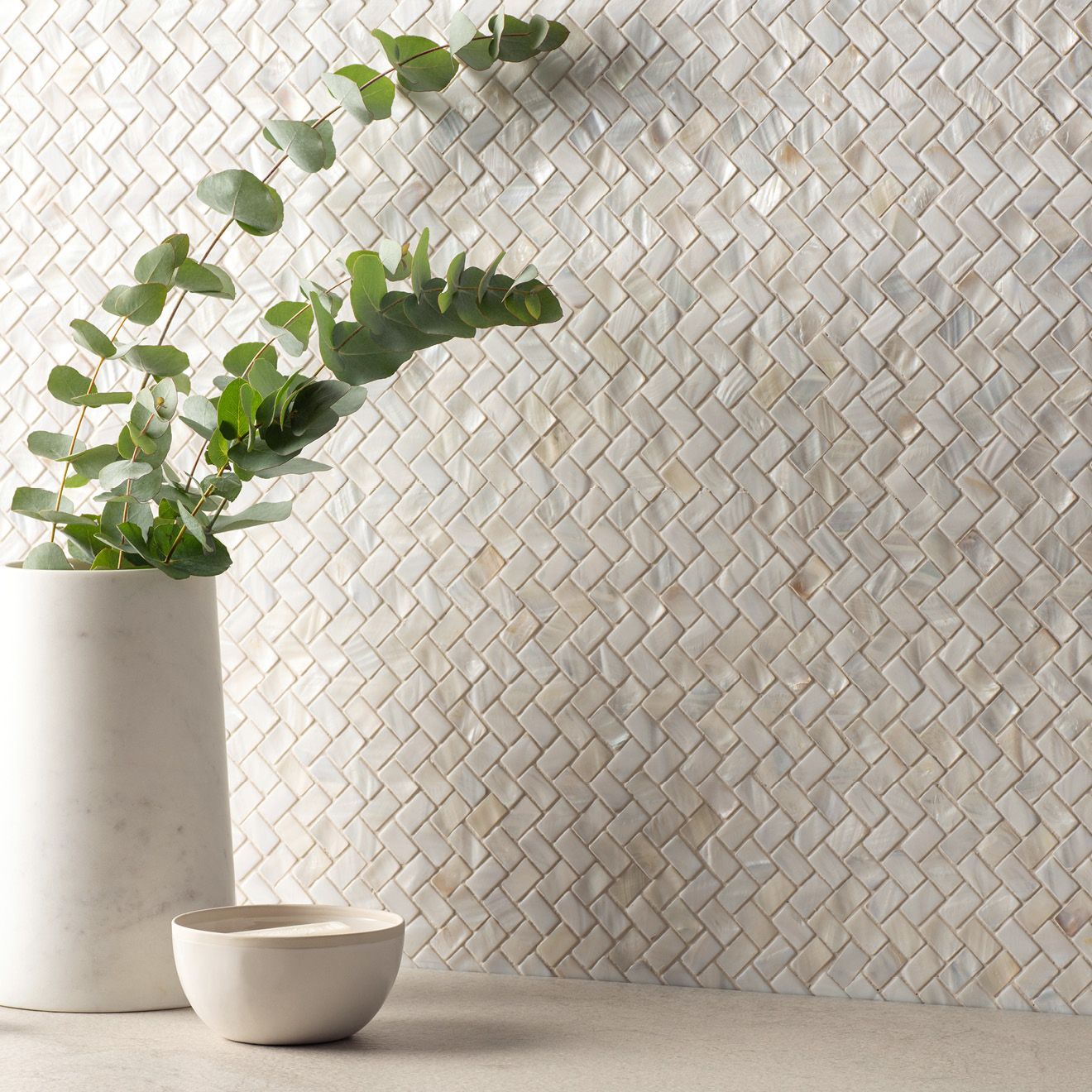White Mosaics - White Pearl Herringbone Shell Mosaic - Image 2