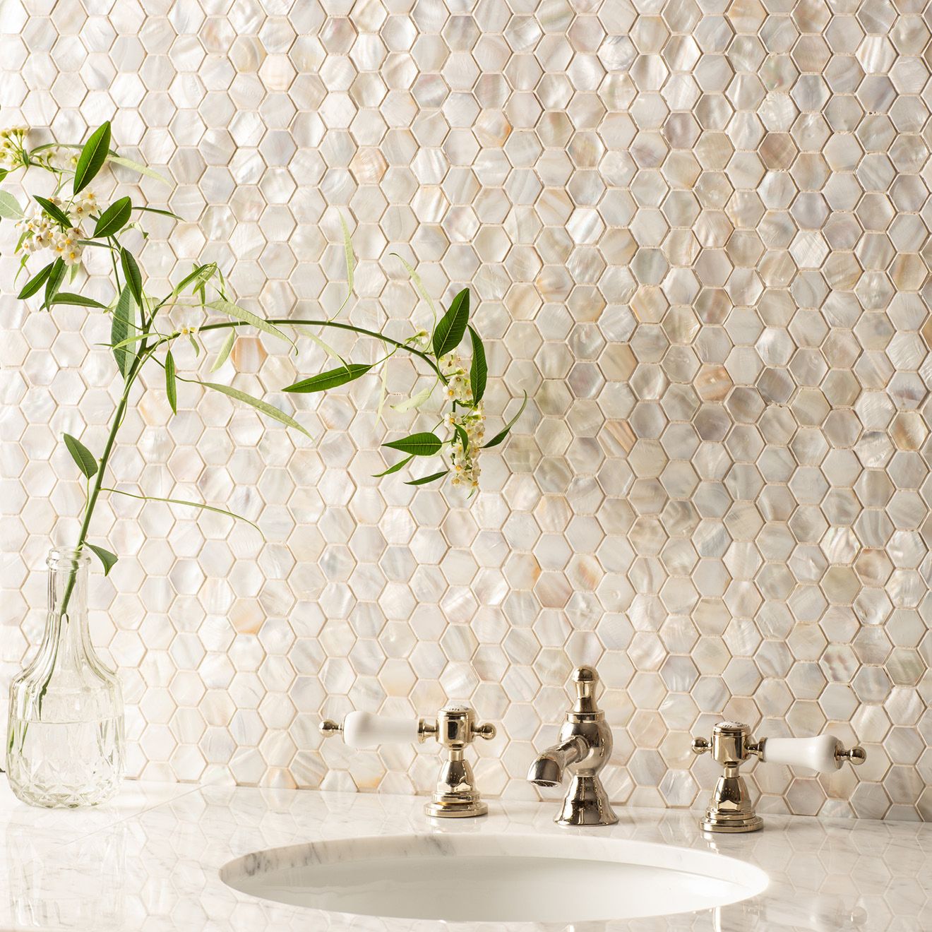 White Mosaics - White Pearl Hexagon Shell Mosaic - Image 2
